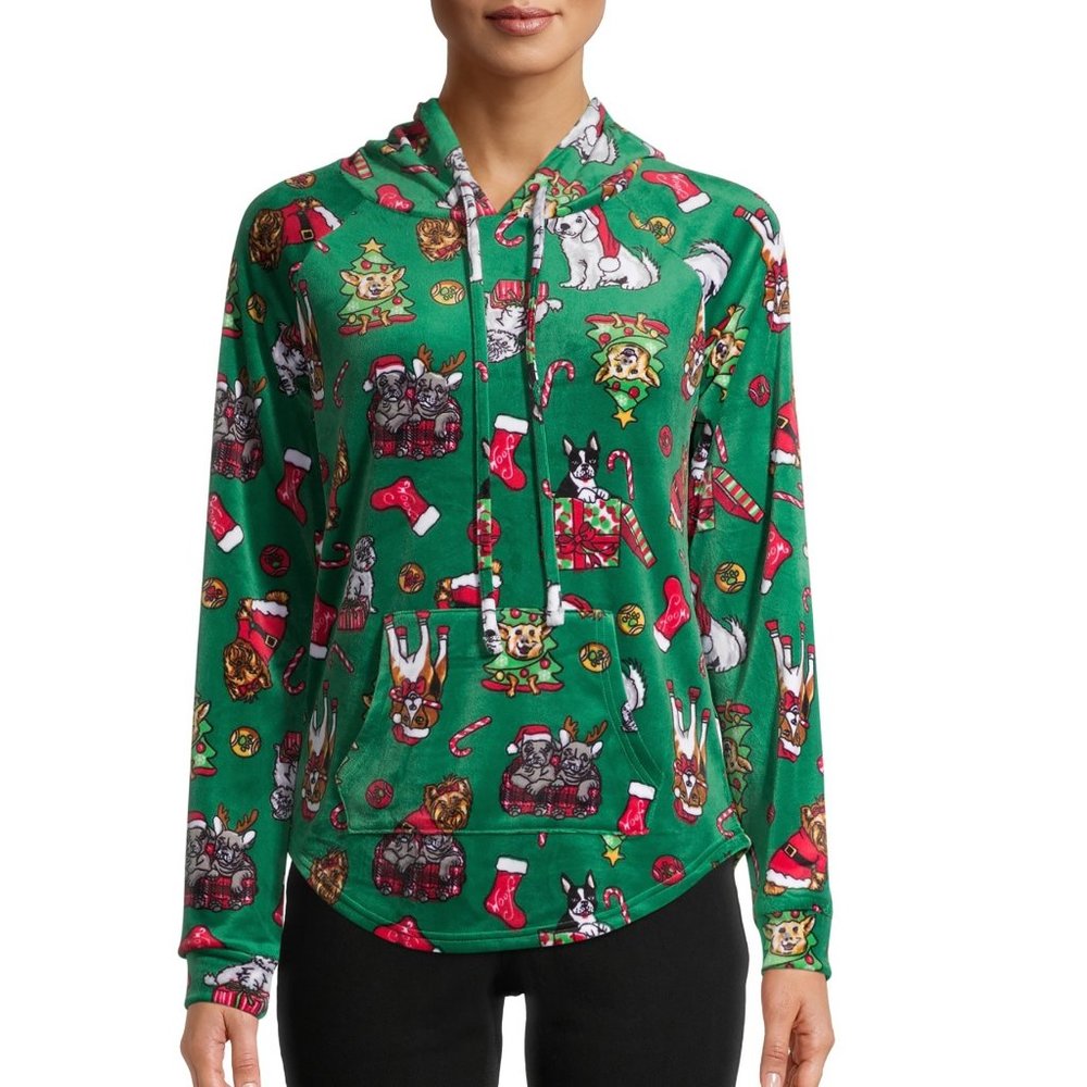 Juniors No Boundaries Plush Hooded Pullover CHRISTMAS DOGS  Size XS Sm XXL  NWT